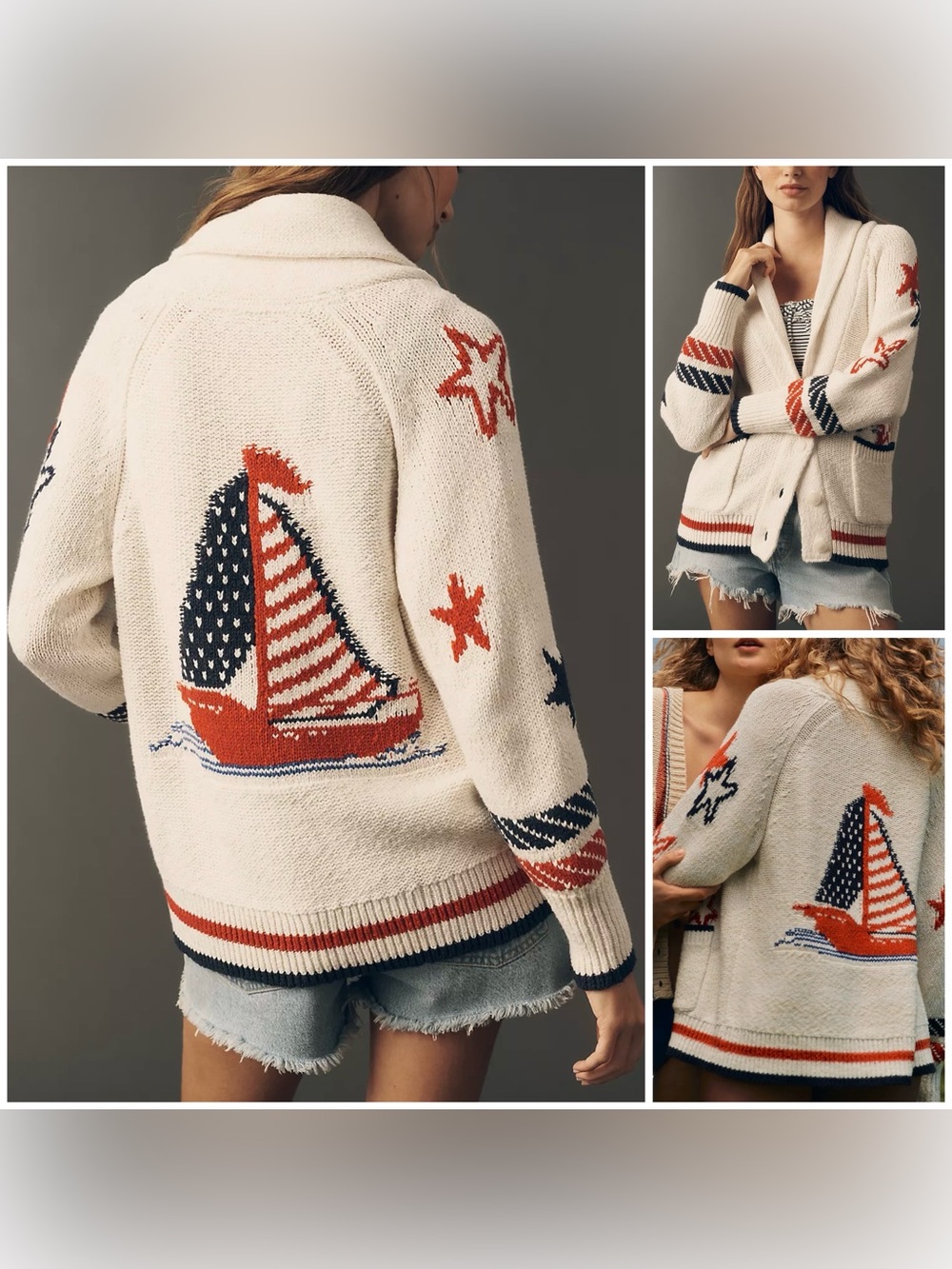 NWT Anthropologie Maeve Sailboat Cardigan - ivory white red - XS